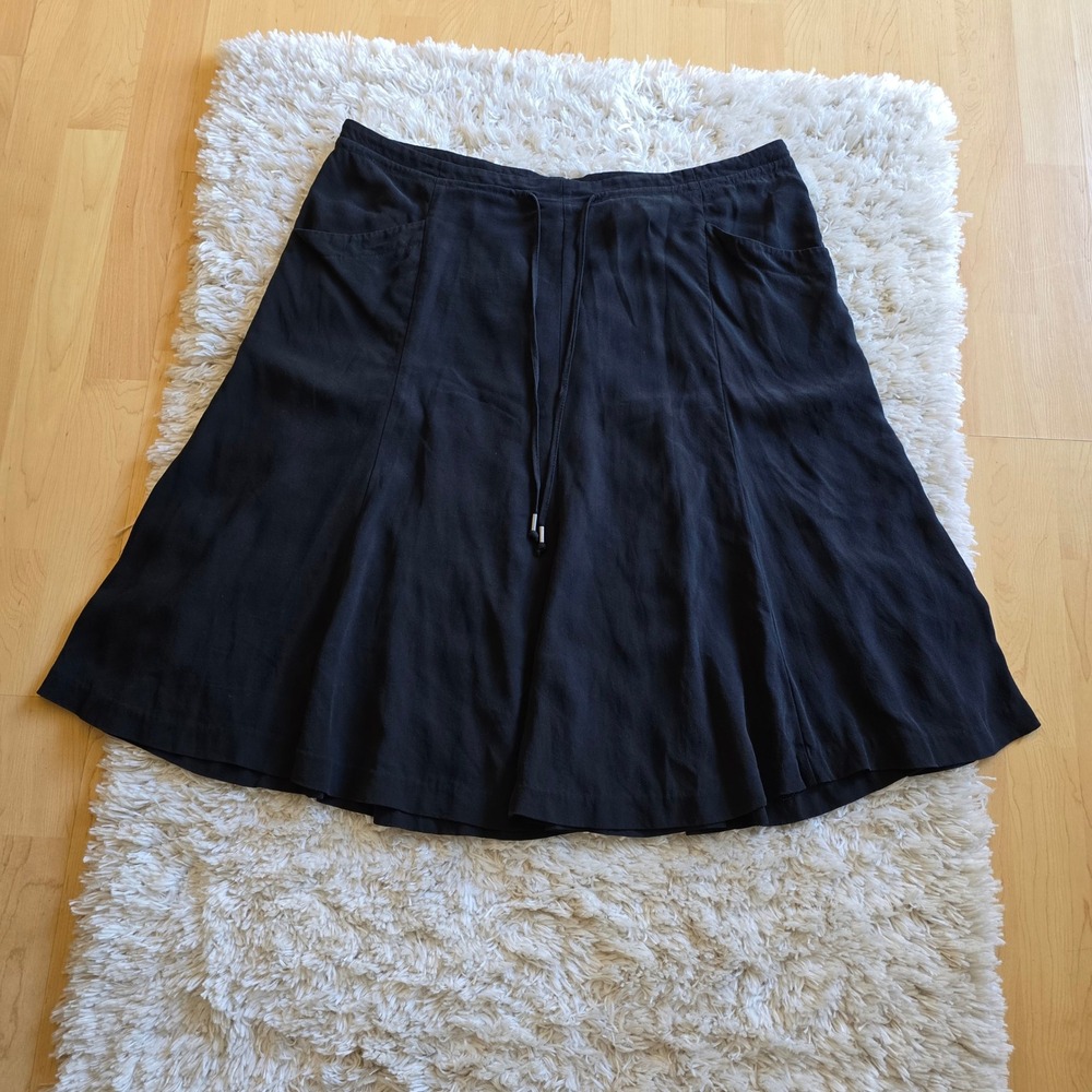 Eileen Fisher Black Drawstring Waist Paneled Midi Skirt with Pockets 100% silk